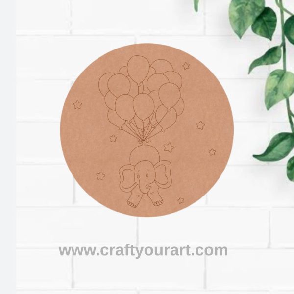 Elephant with Balloons Pre Marked Round MDF Design 2