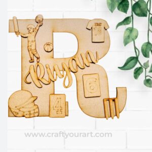 Alphabet Monogram Cricket Theme Nameplate MDF Design 1