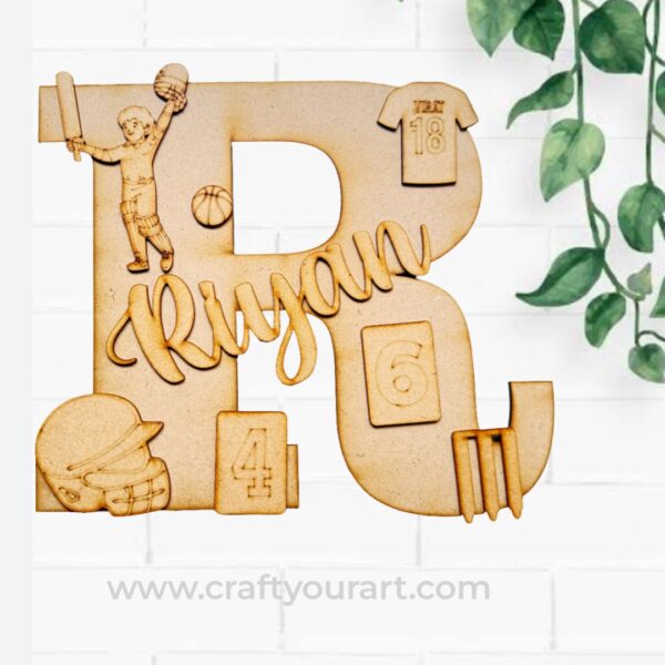 Alphabet Monogram Cricket Theme Nameplate MDF Design 1