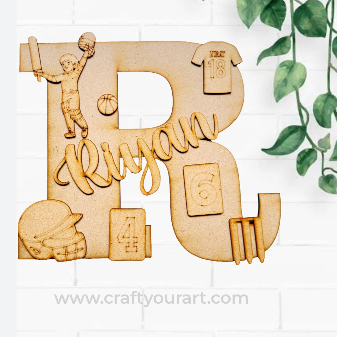 Alphabet Monogram Cricket Theme Nameplate MDF Design 1
