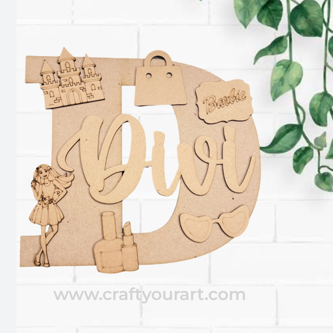 Alphabet Monogram Barbie Theme Nameplate MDF Design 1