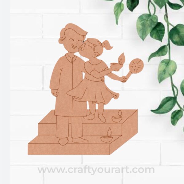 Father With Child Celebrating Diwali Pre Marked MDF Design 1